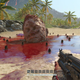 A large head buried in the sand, surrounded by smaller heads, with all of them covered in blood.